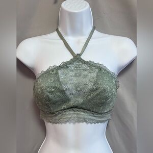 PINK Victorias Secret Green‎ Lace Pushup Halter Bralette High Neck Size Sm NWT !